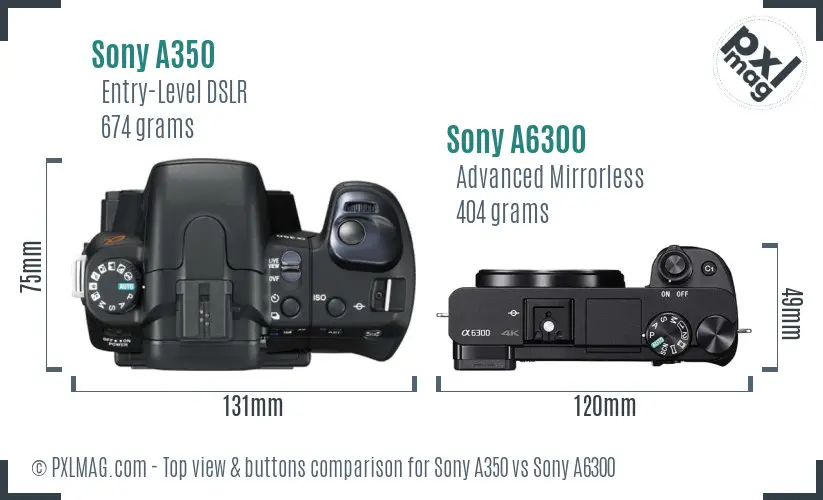 Sony A350 vs Sony A6300 top view buttons comparison