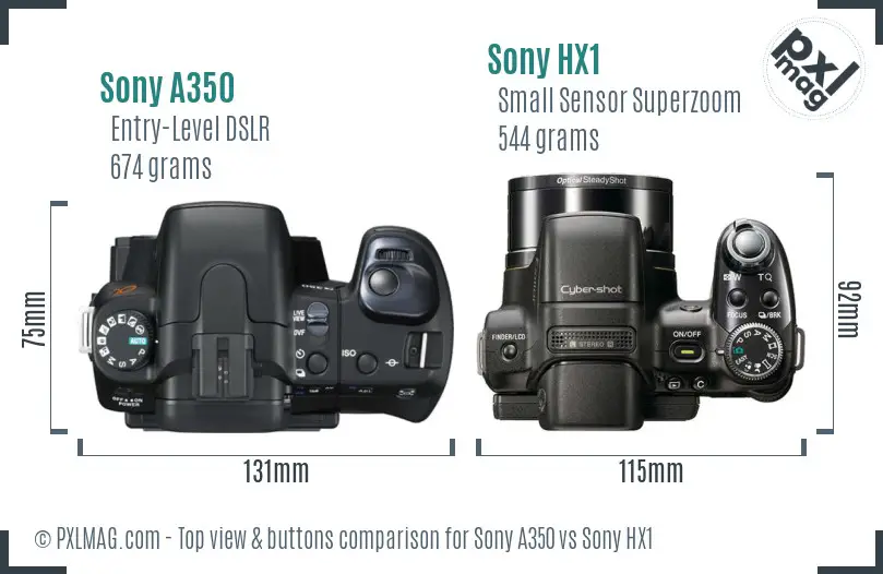 Sony A350 vs Sony HX1 top view buttons comparison