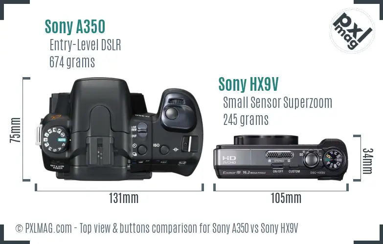 Sony A350 vs Sony HX9V top view buttons comparison