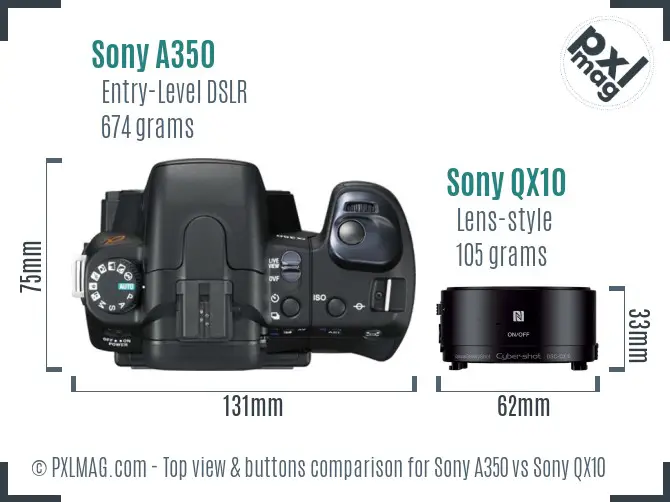 Sony A350 vs Sony QX10 top view buttons comparison
