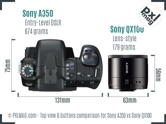 Sony A350 vs Sony QX100 top view buttons comparison