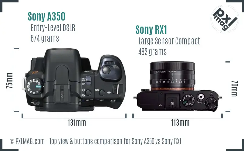 Sony A350 vs Sony RX1 top view buttons comparison