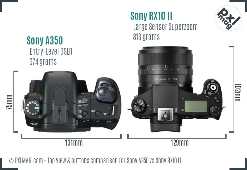 Sony A350 vs Sony RX10 II top view buttons comparison