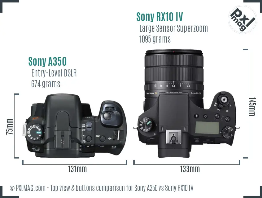 Sony A350 vs Sony RX10 IV top view buttons comparison