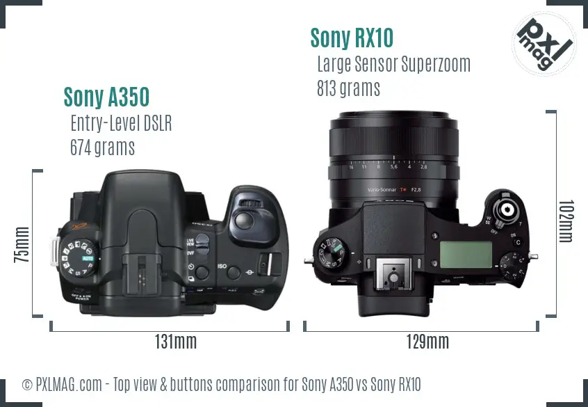 Sony A350 vs Sony RX10 top view buttons comparison