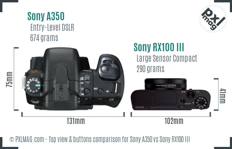 Sony A350 vs Sony RX100 III top view buttons comparison