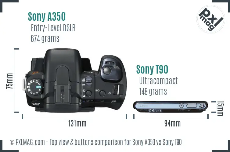 Sony A350 vs Sony T90 top view buttons comparison
