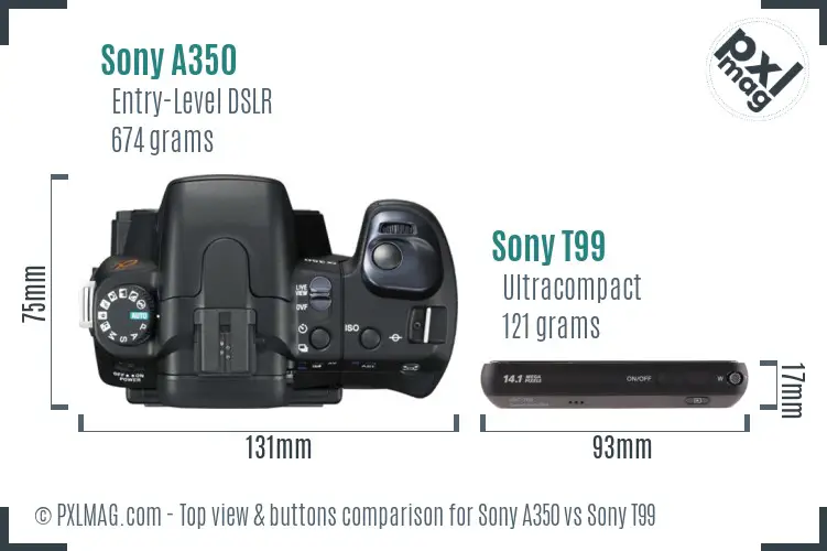 Sony A350 vs Sony T99 top view buttons comparison