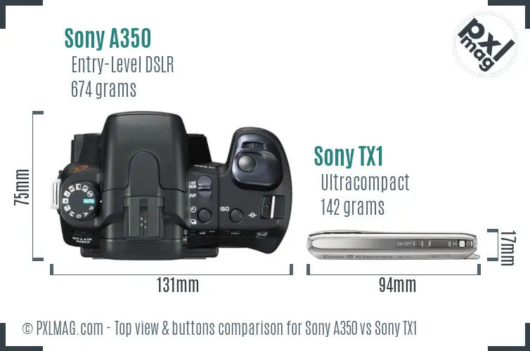 Sony A350 vs Sony TX1 top view buttons comparison