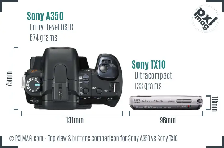 Sony A350 vs Sony TX10 top view buttons comparison