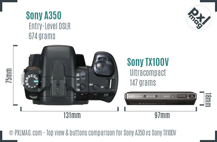 Sony A350 vs Sony TX100V top view buttons comparison