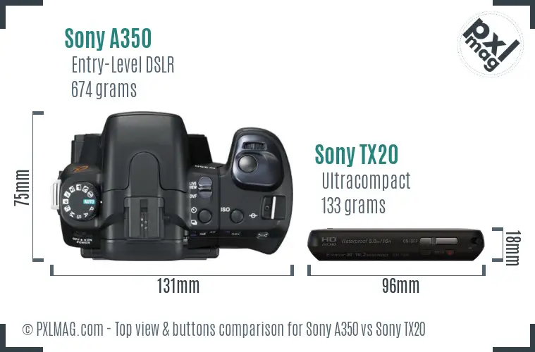 Sony A350 vs Sony TX20 top view buttons comparison