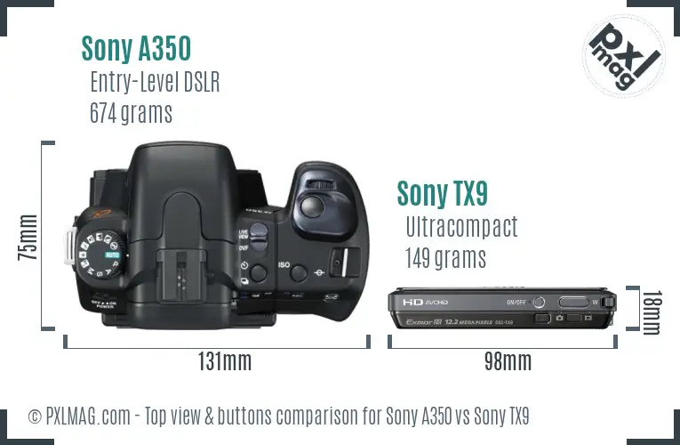 Sony A350 vs Sony TX9 top view buttons comparison