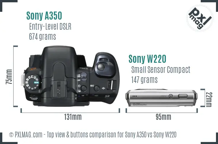 Sony A350 vs Sony W220 top view buttons comparison