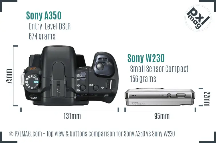 Sony A350 vs Sony W230 top view buttons comparison