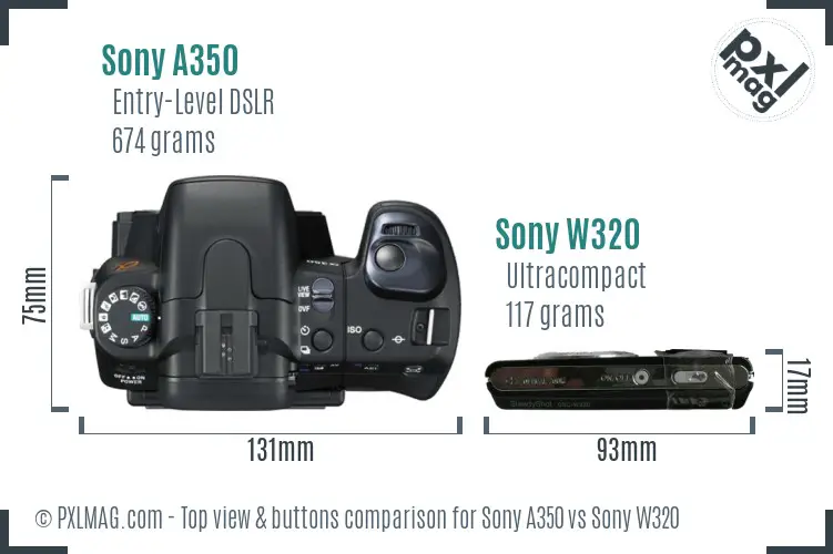 Sony A350 vs Sony W320 top view buttons comparison