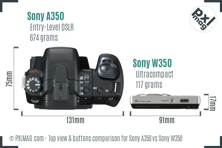Sony A350 vs Sony W350 top view buttons comparison