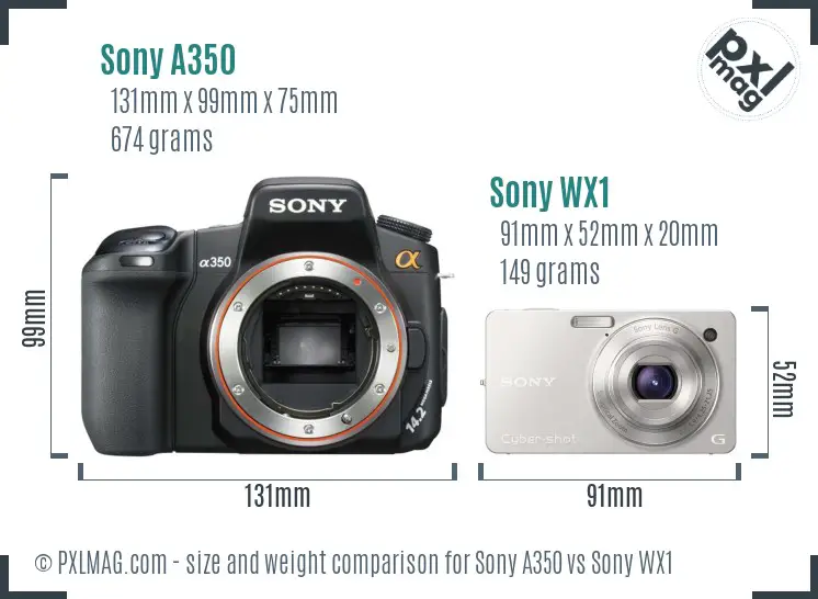 Sony A350 vs Sony WX1 size comparison