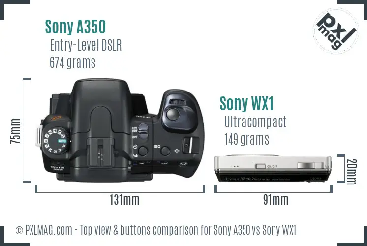Sony A350 vs Sony WX1 top view buttons comparison