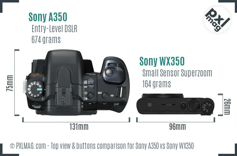 Sony A350 vs Sony WX350 top view buttons comparison