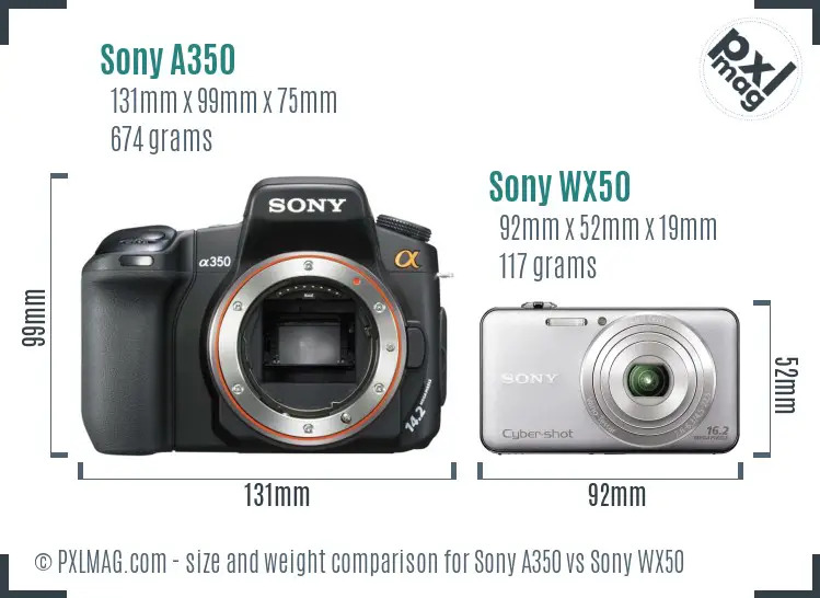 Sony A350 vs Sony WX50 size comparison