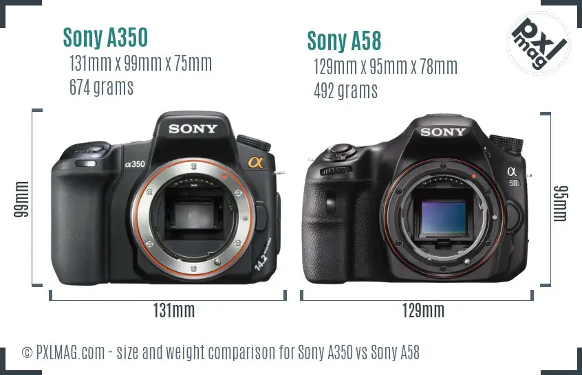 Sony A350 vs Sony A58 size comparison