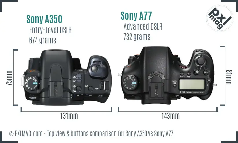 Sony A350 vs Sony A77 top view buttons comparison