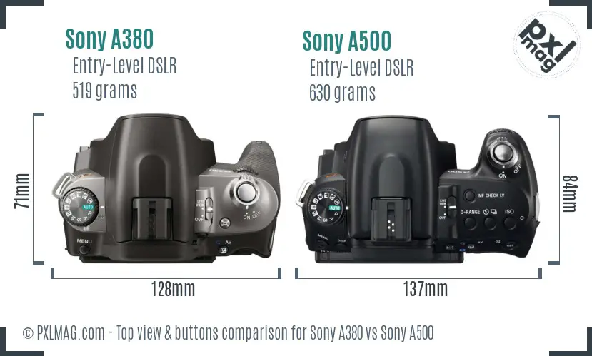 Sony A380 vs Sony A500 top view buttons comparison