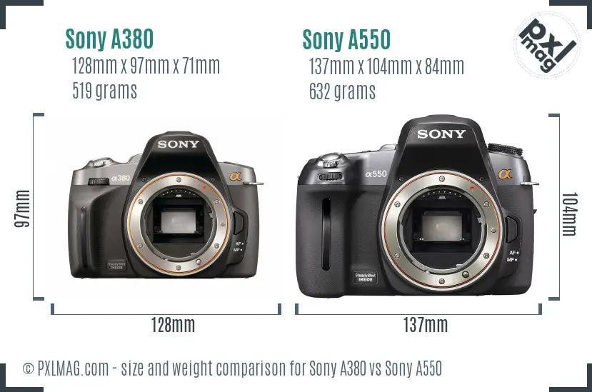 Sony A380 vs Sony A550 size comparison