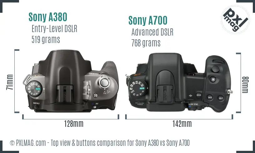 Sony A380 vs Sony A700 top view buttons comparison