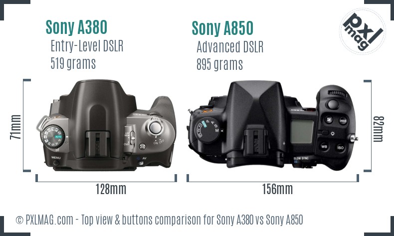 Sony A380 vs Sony A850 top view buttons comparison