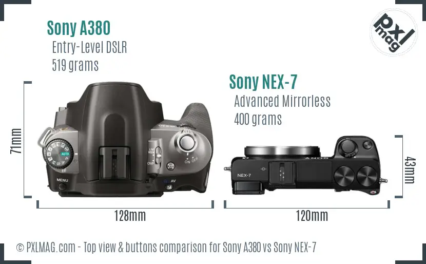 Sony A380 vs Sony NEX-7 top view buttons comparison