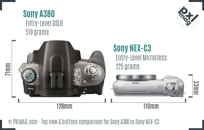 Sony A380 vs Sony NEX-C3 top view buttons comparison