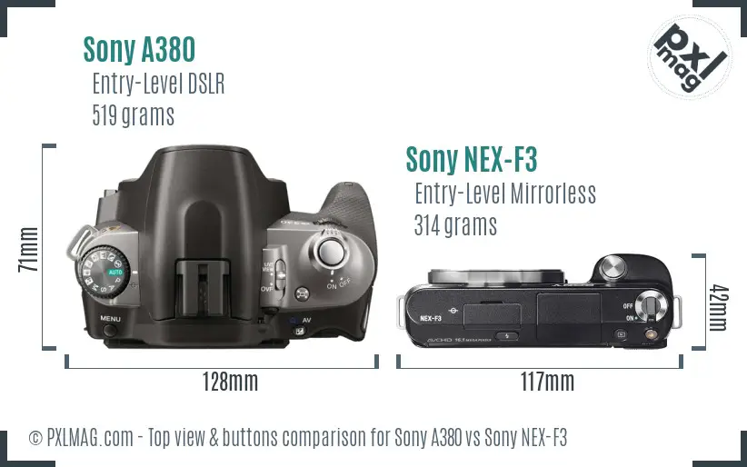 Sony A380 vs Sony NEX-F3 top view buttons comparison