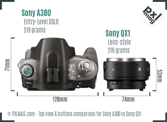 Sony A380 vs Sony QX1 top view buttons comparison