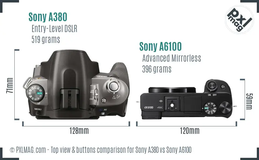 Sony A380 vs Sony A6100 top view buttons comparison