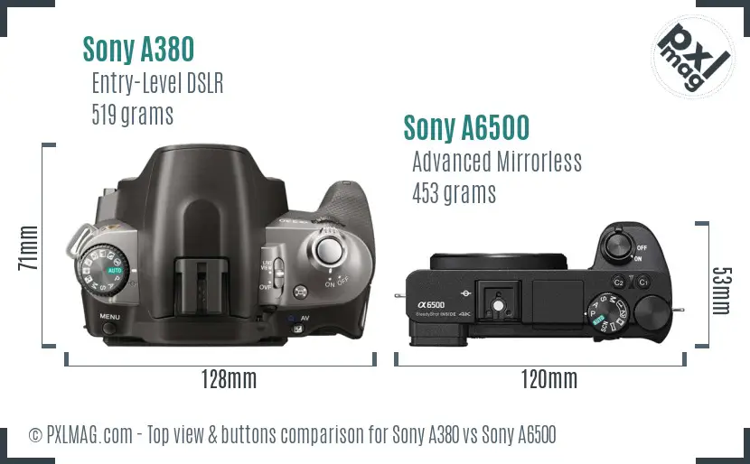 Sony A380 vs Sony A6500 top view buttons comparison