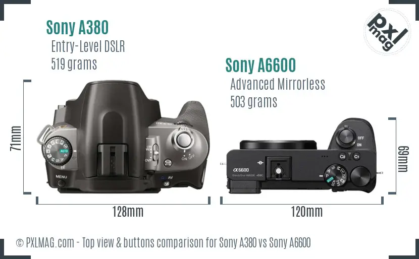 Sony A380 vs Sony A6600 top view buttons comparison