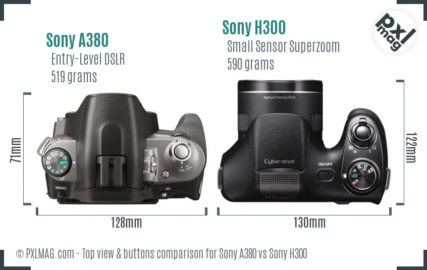 Sony A380 vs Sony H300 top view buttons comparison