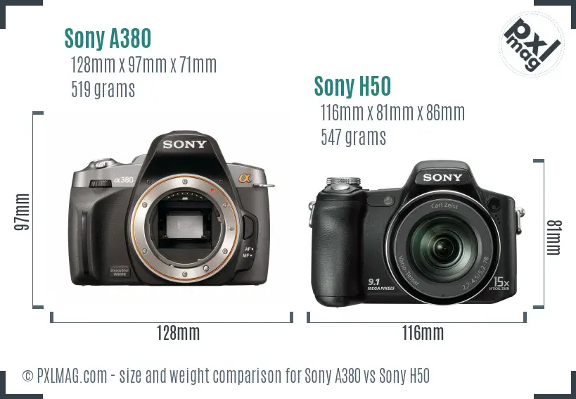 Sony A380 vs Sony H50 size comparison