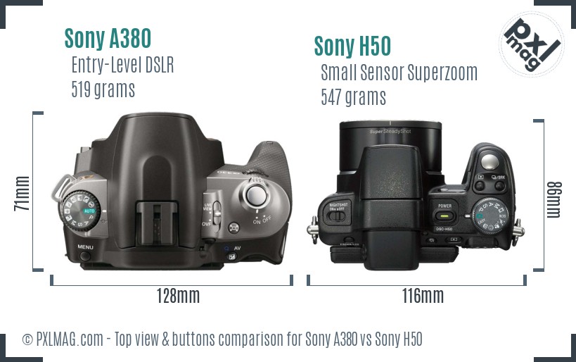 Sony A380 vs Sony H50 top view buttons comparison