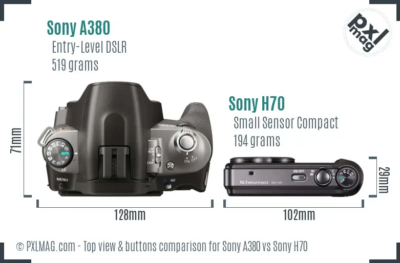 Sony A380 vs Sony H70 top view buttons comparison