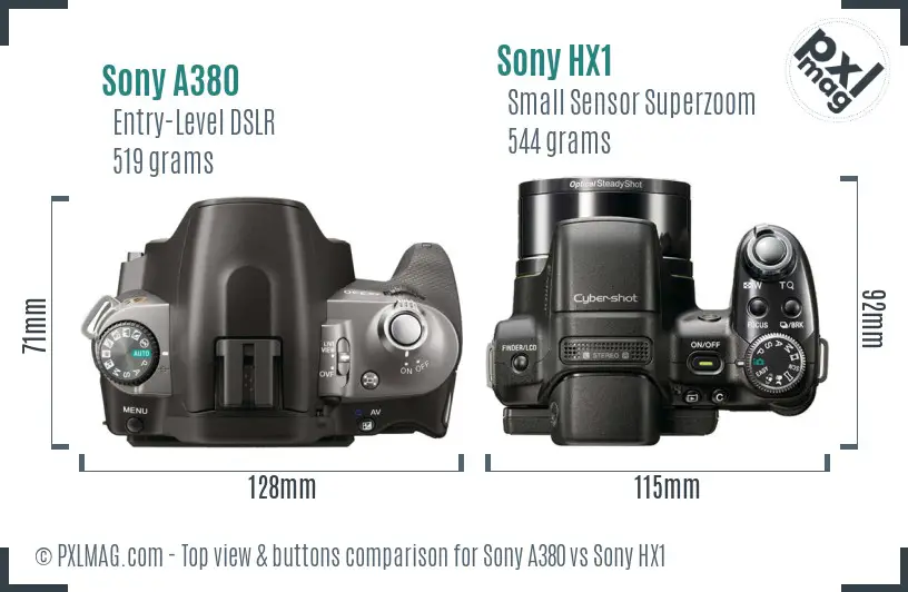Sony A380 vs Sony HX1 top view buttons comparison