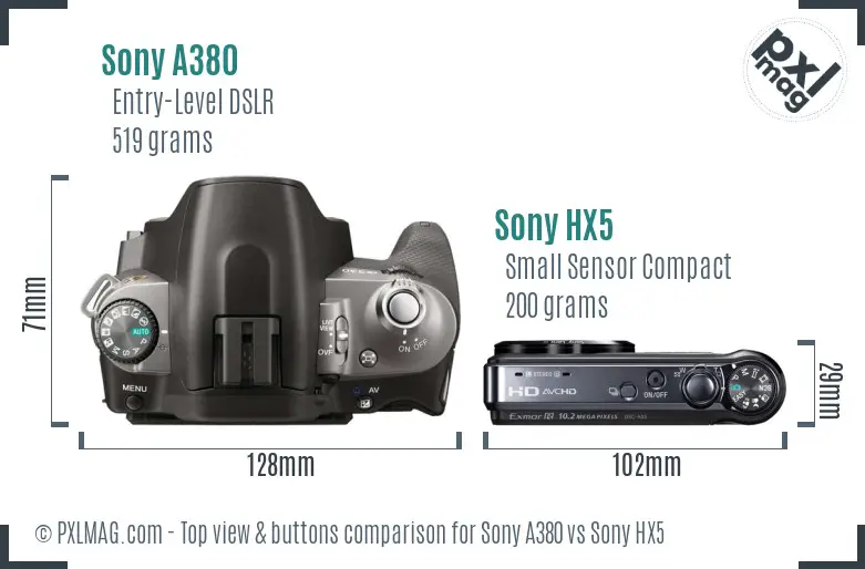 Sony A380 vs Sony HX5 top view buttons comparison