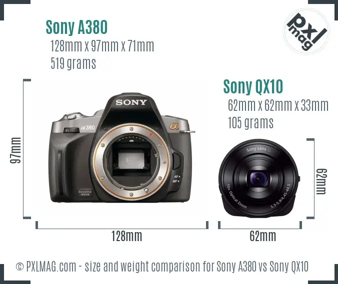 Sony A380 vs Sony QX10 size comparison