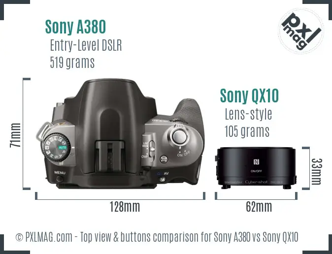 Sony A380 vs Sony QX10 top view buttons comparison