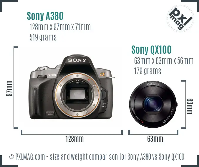 Sony A380 vs Sony QX100 size comparison