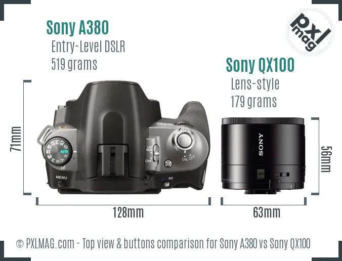 Sony A380 vs Sony QX100 top view buttons comparison