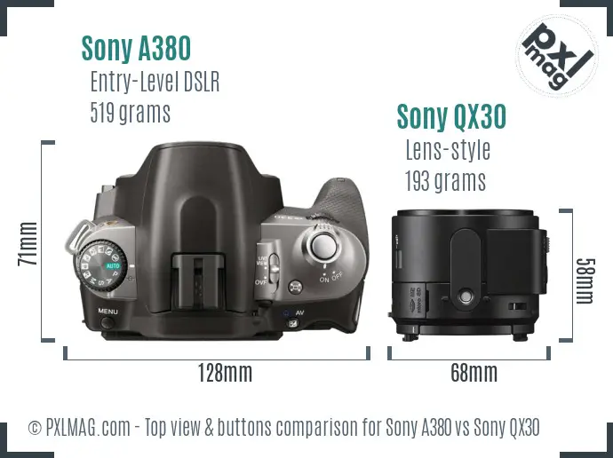 Sony A380 vs Sony QX30 top view buttons comparison