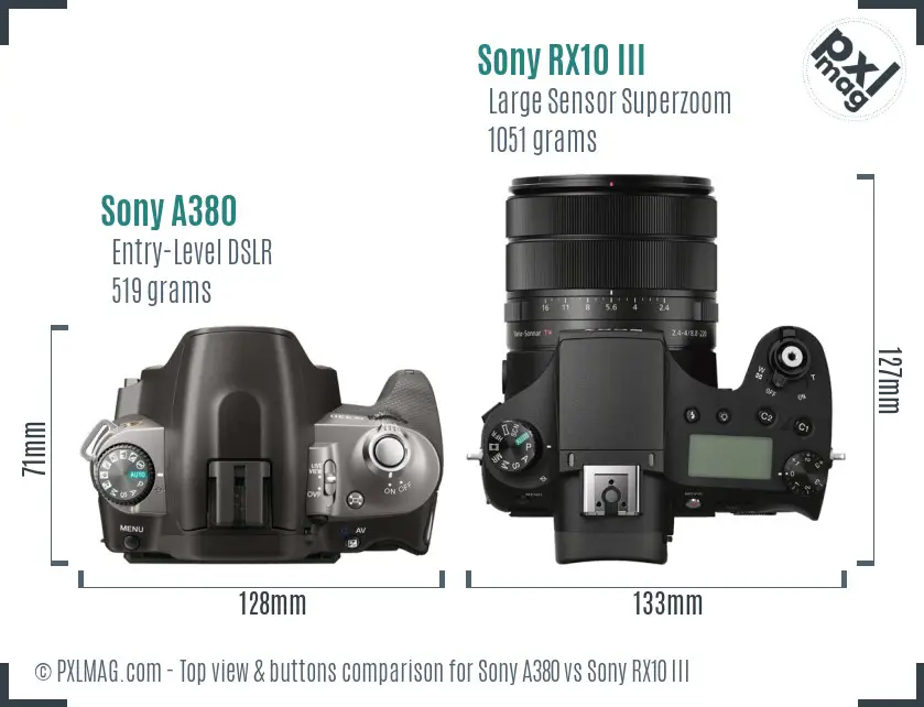 Sony A380 vs Sony RX10 III top view buttons comparison